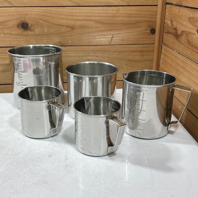 【中古】ステンレス 丸形キッチンポット 軽量カップ 調理器具 まとめ売り 4サイズ 計5点セット