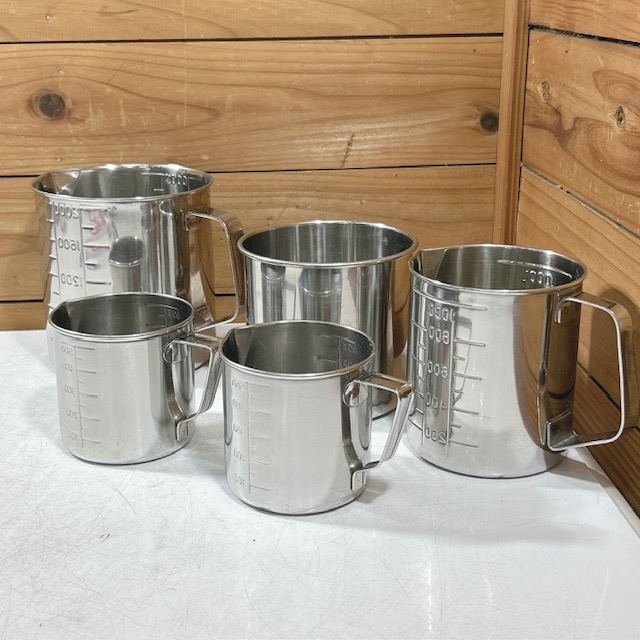 【中古】ステンレス 丸形キッチンポット 軽量カップ 調理器具 まとめ売り 4サイズ 計5点セット